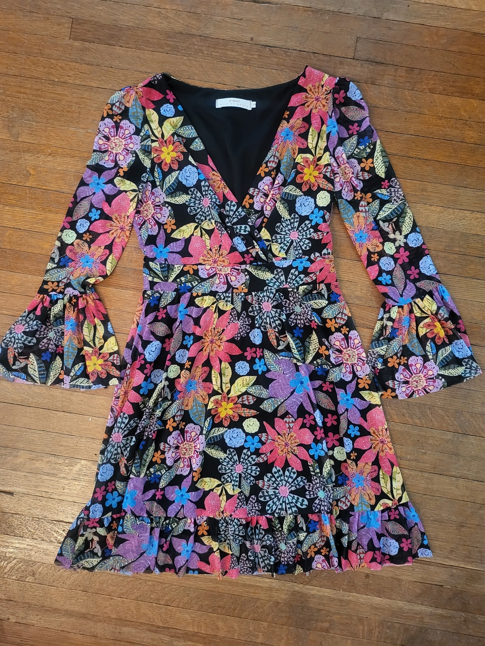 Omai Now Or Never Black Floral V-Neck Long Sleeve Dress with Ruffle Hem